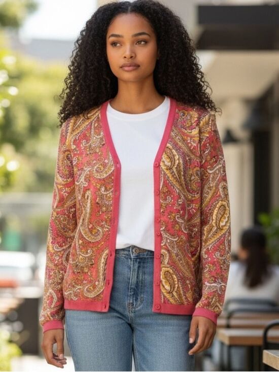 Talbots Sweaters - Y2K TALBOTS CORAL & TAN PAISLEY PRINT LAGENLOOK BOHO BUTTON-FRONT CARDIGAN SZ M